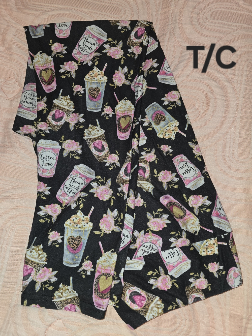 Coffee Print Black Leggings with Pink Floral Accents